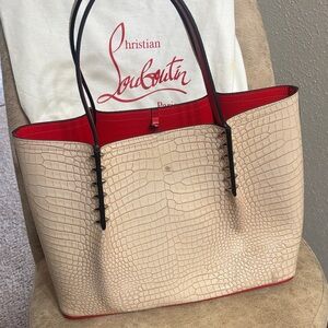 Christian Louboutin Beige and Red Croc-Embossed Tote